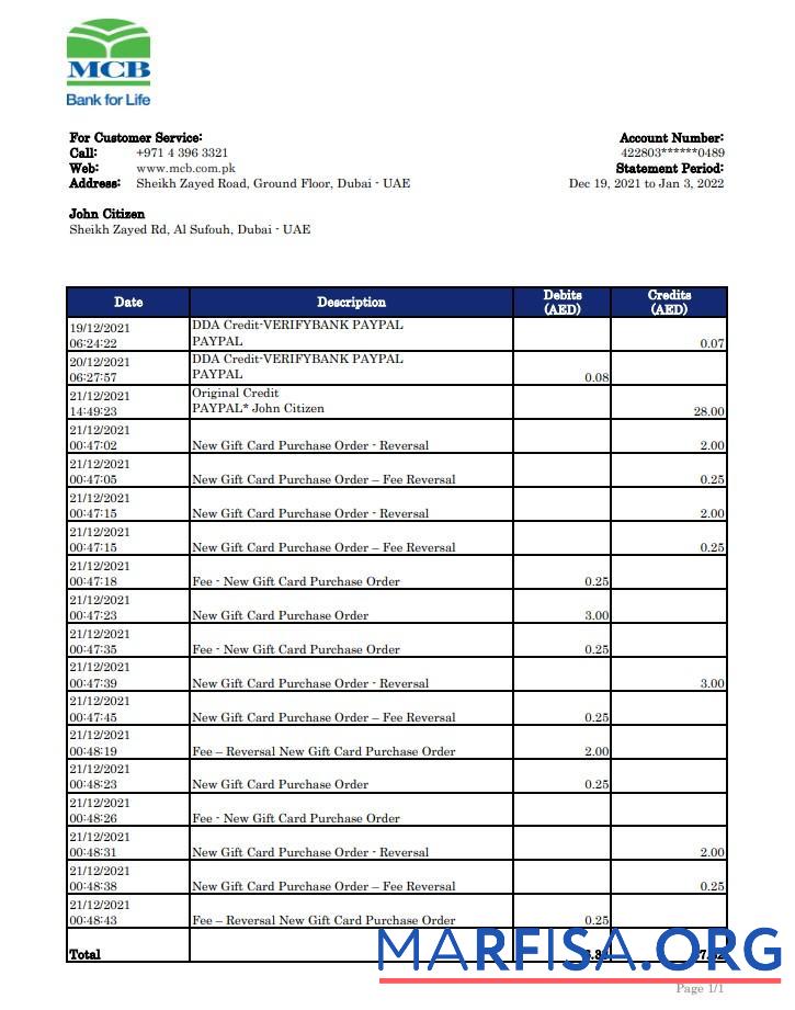 Printable UAE MCB bank statement excel download for verification
